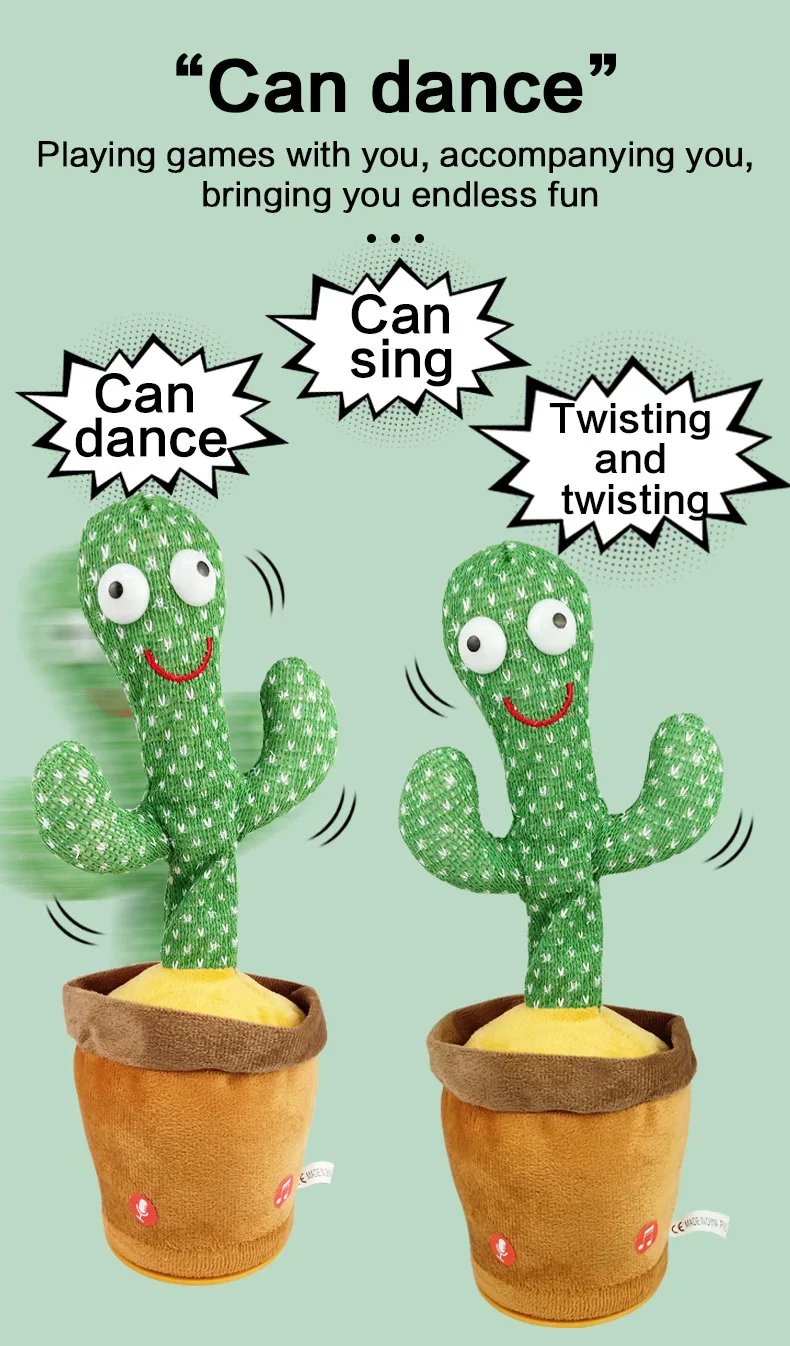 Cactus parlante bailando, juguetes para cantar, imitando, grabar, repetir lo que dice, juguete de peluche brillante para beb&eacute;s, ni&ntilde;os y ni&ntilde;as con ropa