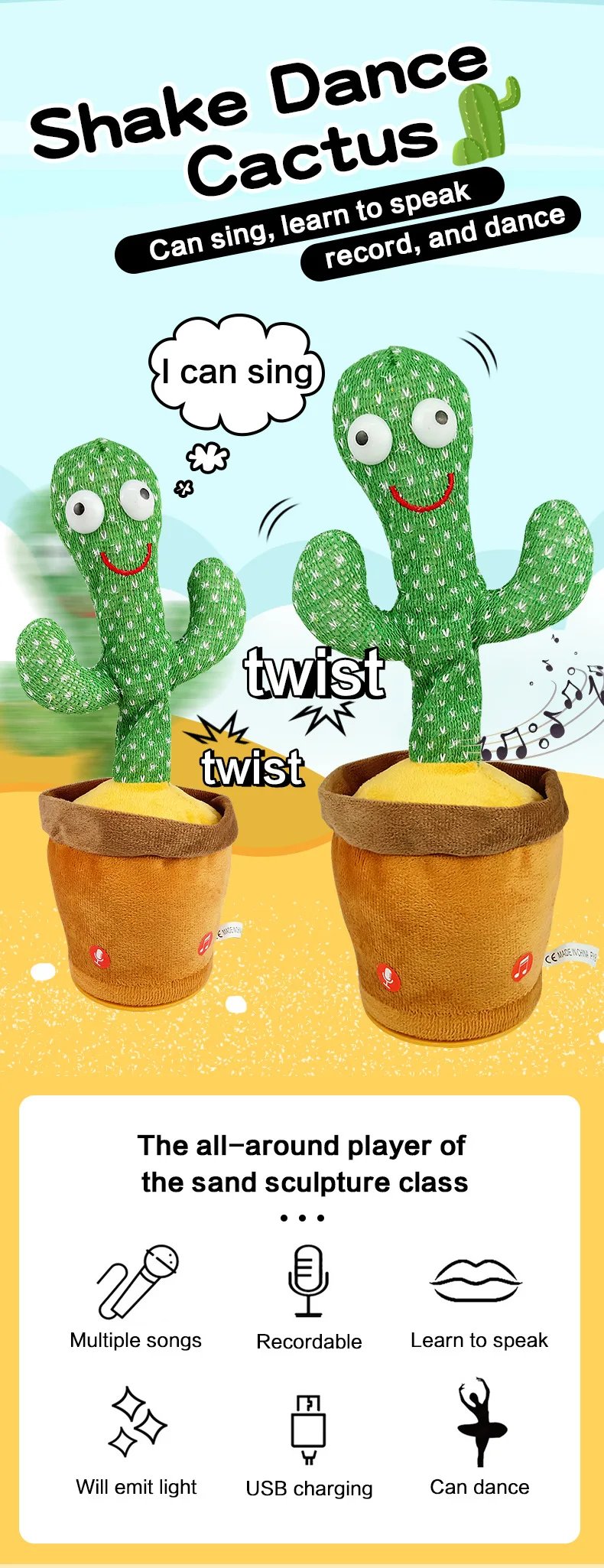 Cactus parlante bailando, juguetes para cantar, imitando, grabar, repetir lo que dice, juguete de peluche brillante para beb&eacute;s, ni&ntilde;os y ni&ntilde;as con ropa