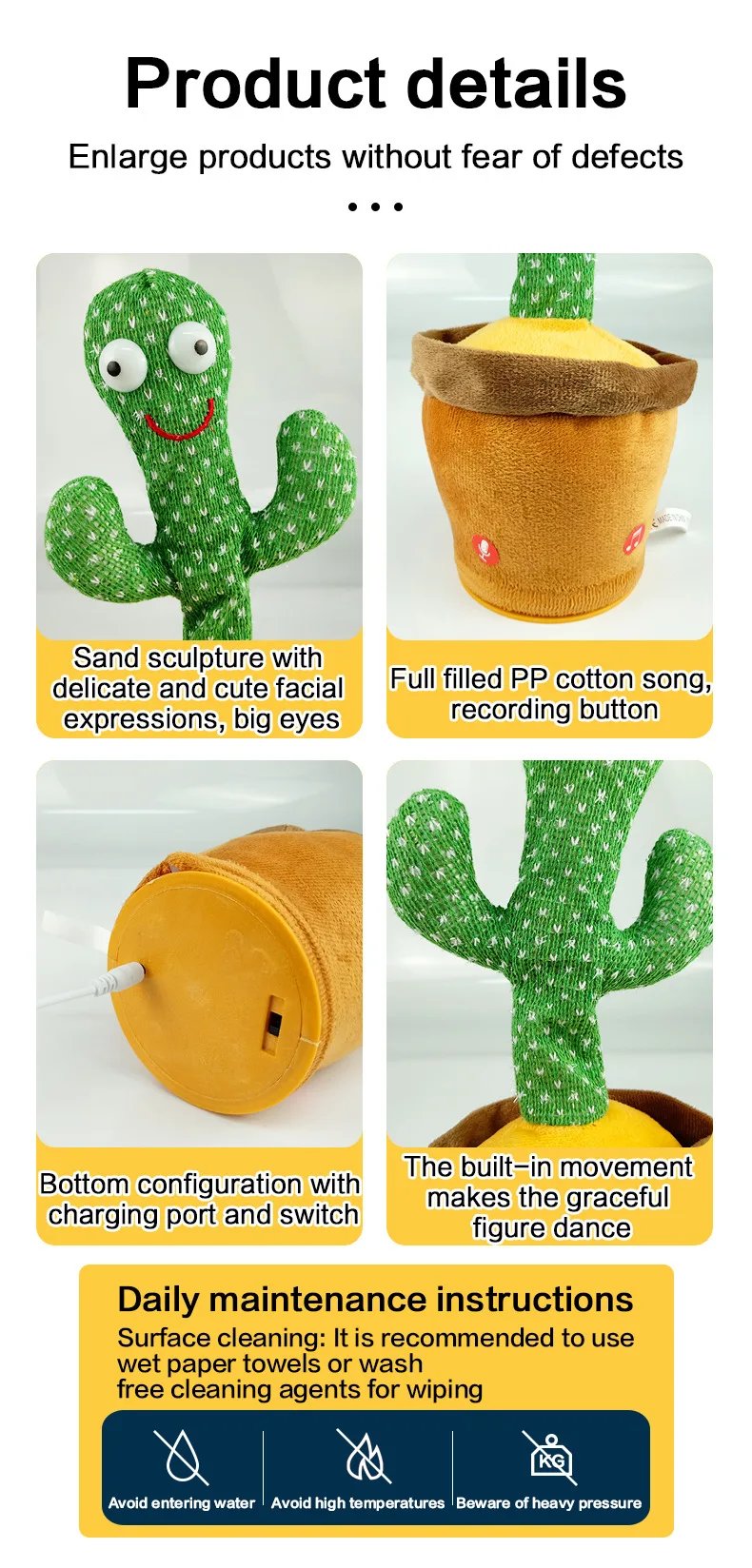 Cactus parlante bailando, juguetes para cantar, imitando, grabar, repetir lo que dice, juguete de peluche brillante para beb&eacute;s, ni&ntilde;os y ni&ntilde;as con ropa