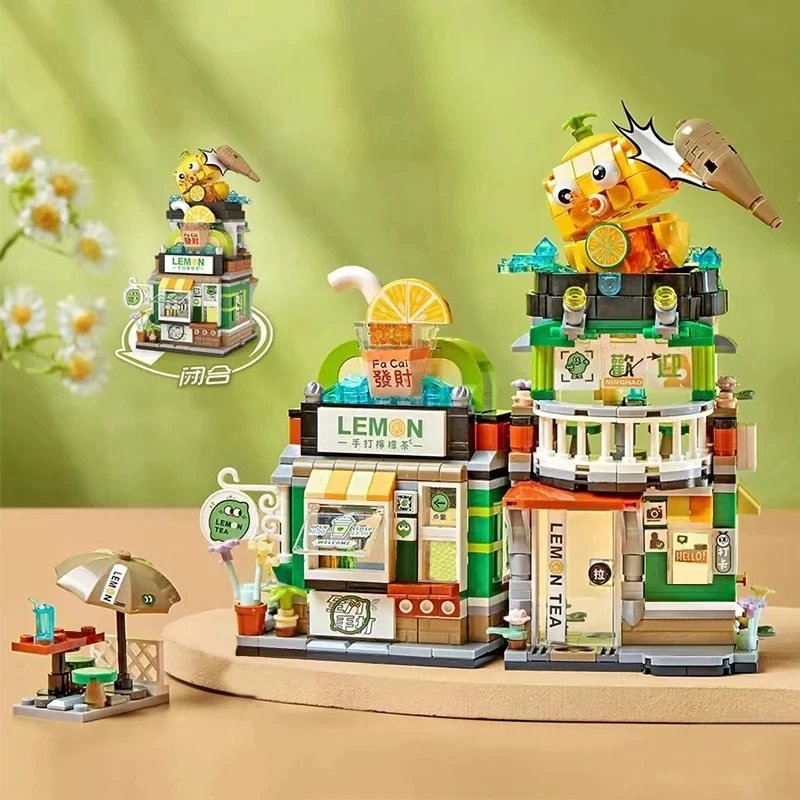 Mini edificio creativo plegable con vista a la calle de ciudad, tienda de té de limón, modelo ensamblado, juguetes callejeros para niños, regalos de vacaciones de Navidad Mini edificio creativo plegable con vista a la calle de ciudad, tienda de té de limón, modelo ensamblado, juguetes callejeros para niños, regalos de vacaciones de Navidad