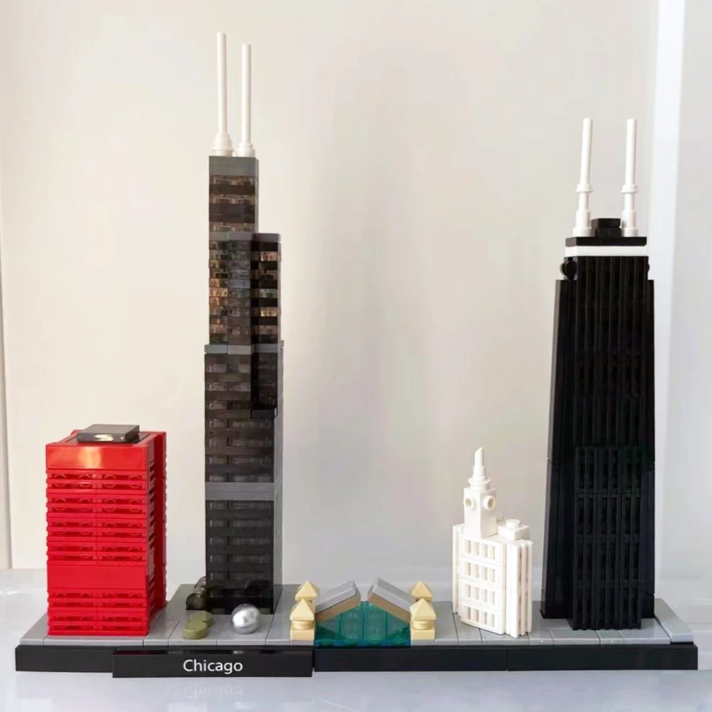 Gran oferta ciudad Chicago Skyline edificio punto de referencia 444 Uds modelo Street View juguetes de bloques de construcci&oacute;n regalos 21033