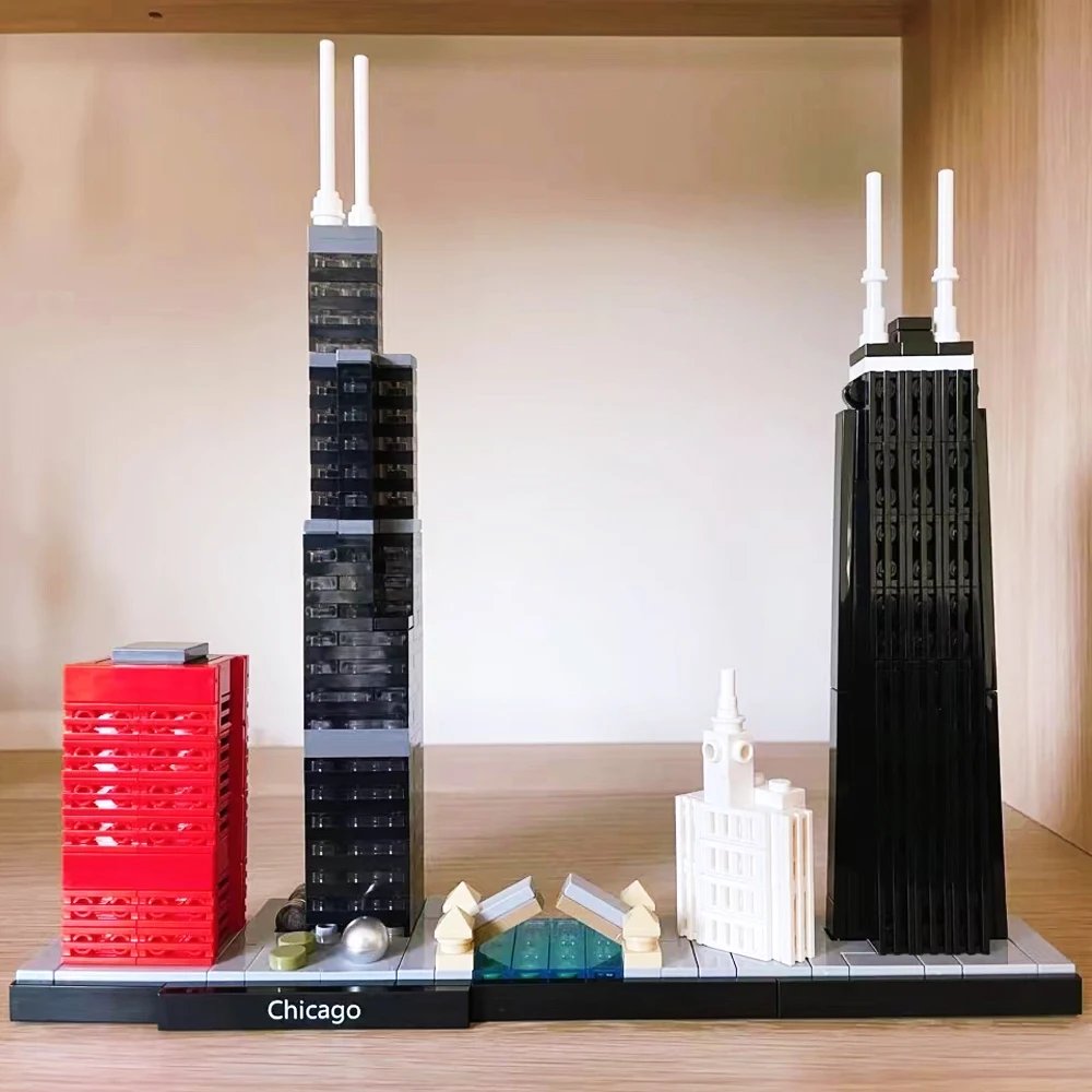 Gran oferta ciudad Chicago Skyline edificio punto de referencia 444 Uds modelo Street View juguetes de bloques de construcci&oacute;n regalos 21033