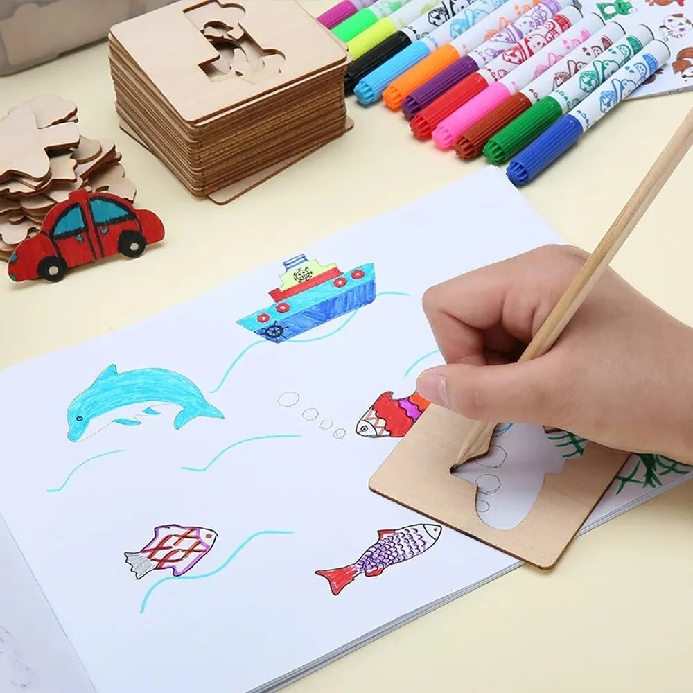 20 piezas juguetes Montessori para ni&ntilde;os, juguetes de dibujo, plantilla de pintura DIY de madera, plantillas, juguetes educativos de aprendizaje para ni&ntilde;os, regalo