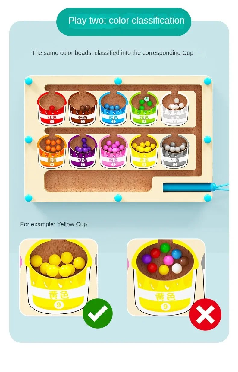 Juegos de clasificaci&oacute;n de colores magn&eacute;ticos Montessori, tablero de laberinto, bol&iacute;grafo, juegos de cuentas m&oacute;viles, Control de madera, juego sensorial, juguetes educativos para ni&ntilde;os