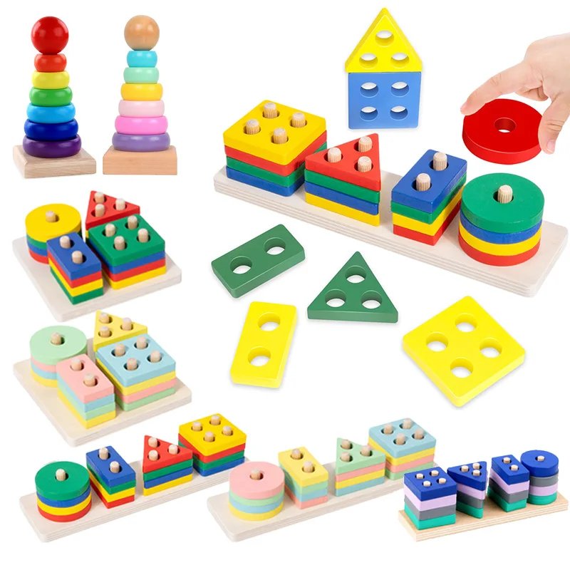 Juguetes de desarrollo Montessori de madera para ni&ntilde;os, emparejamiento de formas, juguete de educaci&oacute;n temprana para beb&eacute;s, bloques de construcci&oacute;n, torre de arco&iacute;ris, regalo para ni&ntilde;os TMZ
